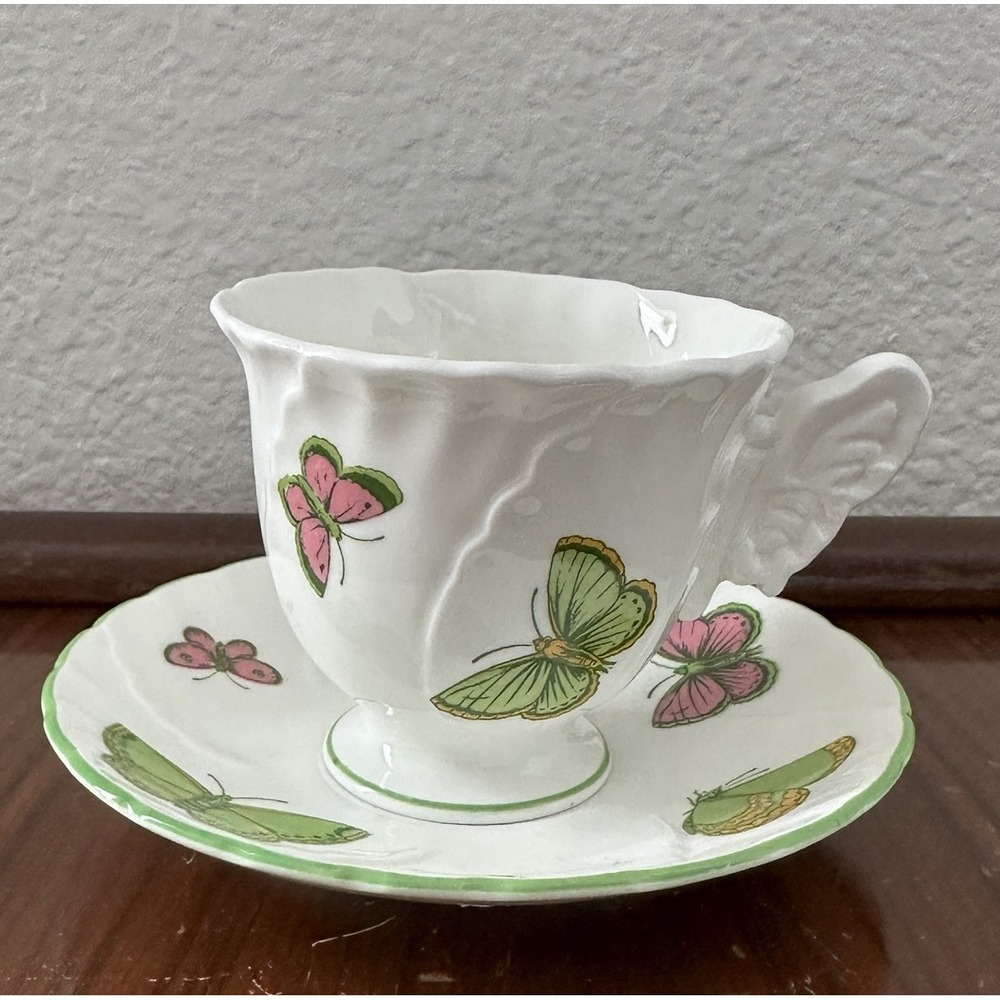 Crown Staffordshire England Porcelain Cup w Match Saucer Set Butterflies Pattern